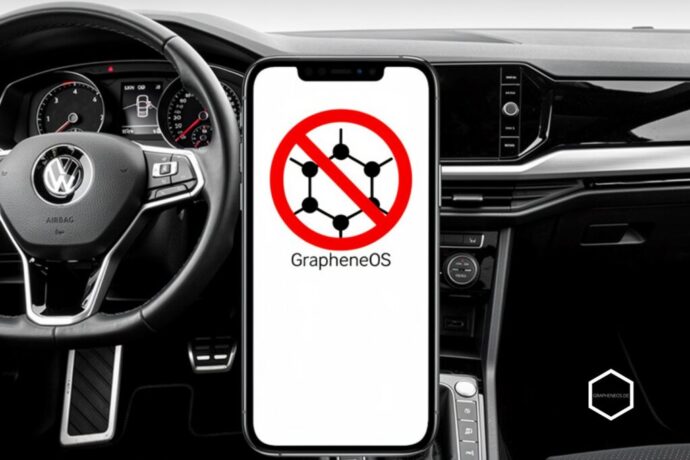 VW-Cockpit mit Smartphone: GrapheneOS-Logo durchgestrichen
